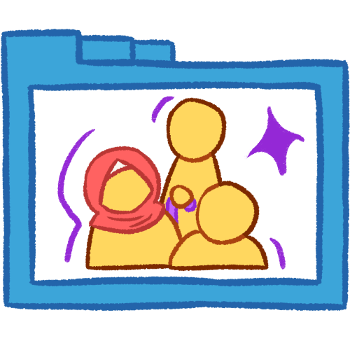 A hollow blue folder with thick lines, containing three busts of emoji yellow people of various heights. There are purple lines around the people and a large purple sparkle
